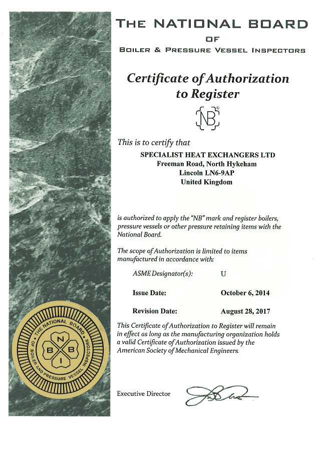 A scanned image of our Perssure Vessel certification.